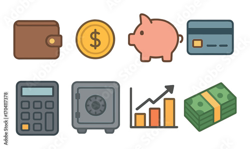 Financial icons set featuring wallet, piggy bank, credit card, and money symbols