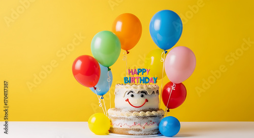 Happy birthday cake with balloons celebration party decorations yellow background stock photo image