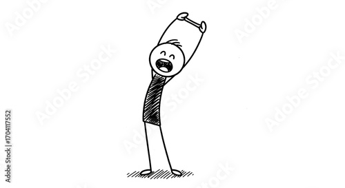 Stick Figure Yawning and Stretching Upwards. Hand Drawn Doodle of Tired Person Waking Up.