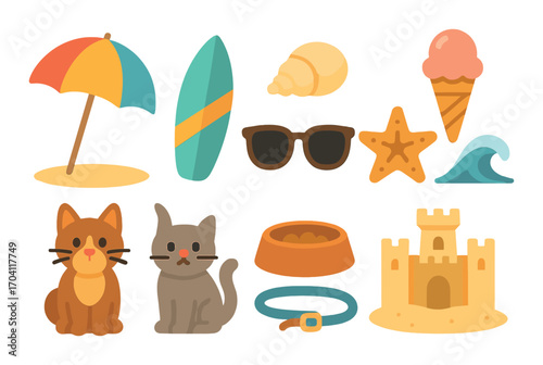 Vibrant beach essentials with cats, sunglasses, and ice cream icons