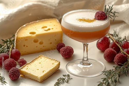 Gourmet cheese and cocktail pairing with fresh raspberries, grapes, and herbs on elegant table setting