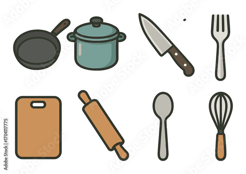 Collection of kitchen utensils icons: pan, pot, knife, cutting board, rolling pin, spoon, whisk, fork