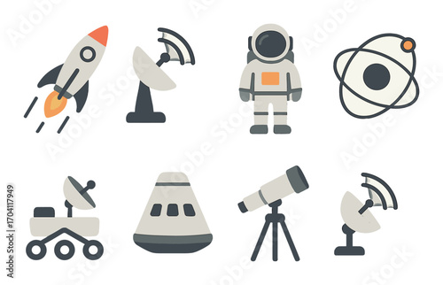 Illustrated space icons featuring rocket, satellite, and astronaut in stylized design