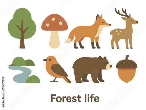 Forest life illustration with deer, fox, bear, and nature elements