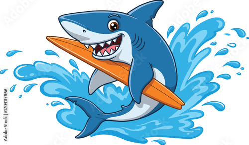 Cartoon shark surfing with orange surfboard, funny blue sea animal mascot, smiling ocean predator character, marine wildlife illustration for kids