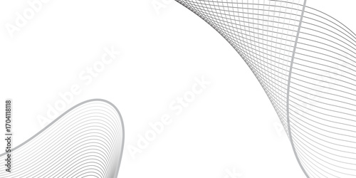 Create a dynamic abstract composition where thin black lines bend and intersect in a wavelike structure. The overlapping lines should form a translucent mesh, producing depth and dimension against a 