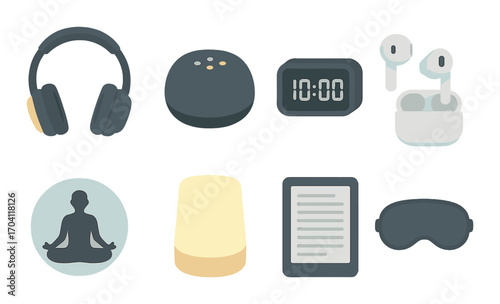 Modern sleep aids: headphones, smart speaker, alarm clock, wireless earbuds, meditation, nightlight, e-reader, sleep mask