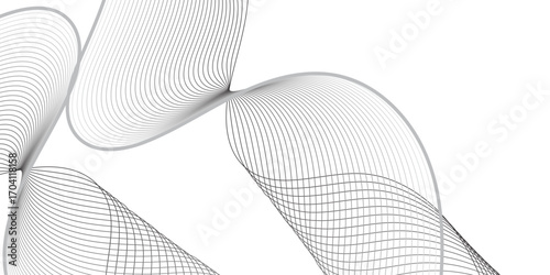Create a dynamic abstract composition where thin black lines bend and intersect in a wavelike structure. The overlapping lines should form a translucent mesh, producing depth and dimension against a 