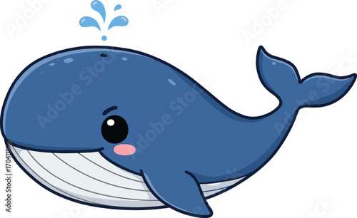 Cute cartoon whale illustration with water splash, adorable smiling blue whale character, ocean marine animal drawing, kawaii sea life design