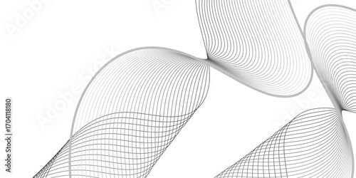 Create a dynamic abstract composition where thin black lines bend and intersect in a wavelike structure. The overlapping lines should form a translucent mesh, producing depth and dimension against a 