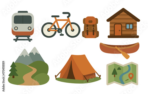 Adventure icons: train, bicycle, backpack, cabin, canoe, mountains, tent, map