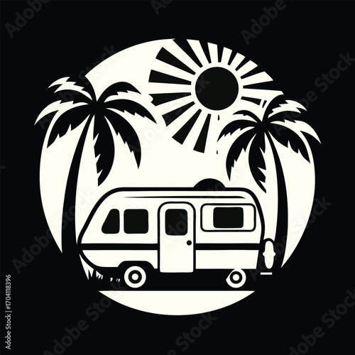 Retro Camper Van Under the Palm Trees with the Sun Shining in a Round Frame