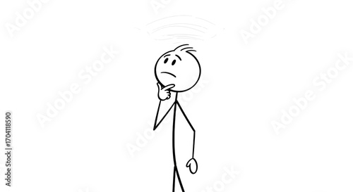 Cartoon Stick Figure Character Thinking, Pondering, or Confused with Wavy Lines Above Head