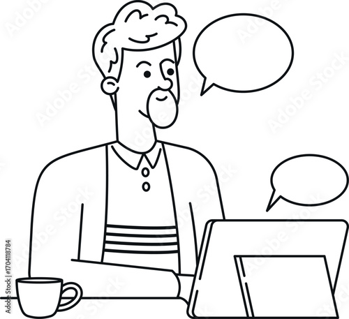 Businessman online chatting black-and-white vector illustration
