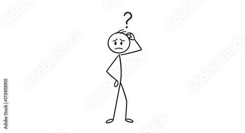 Confused Stick Figure with Question Mark Above Head, Pondering and Scratching Head. Concept of Doubt, Problem, and Thinking.