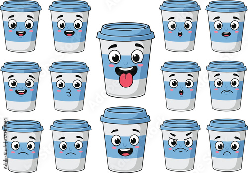 Cute coffee cup cartoon characters, disposable cups with different facial expressions, happy, sad, angry, surprised, funny drink illustration design