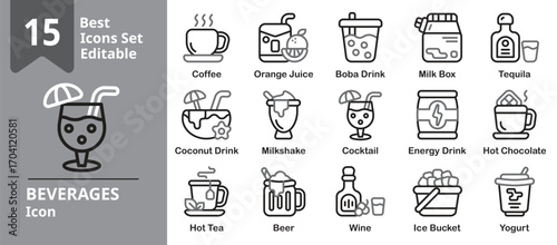 Beverages icons. Contains soda, cocktails, beer, wine, and bottled drinks. Editable outline vector illustration.