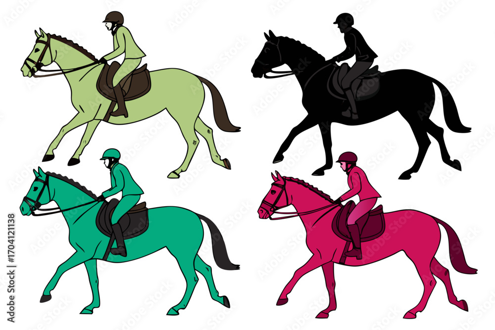 Fototapeta premium set of horse with rider silhouette vector isolated on white background
