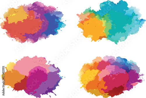 Colorful Watercolor Splashes with Unique Textures and Artistic Variations on a White Background
