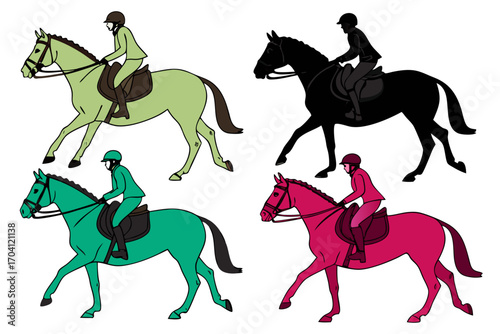 set of horse with rider silhouette vector isolated on white background