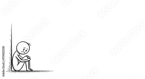 Sad Stick Figure Sitting Alone Against Wall. Depicts Loneliness, Depression, and Mental Health Struggle. Minimalist Doodle.