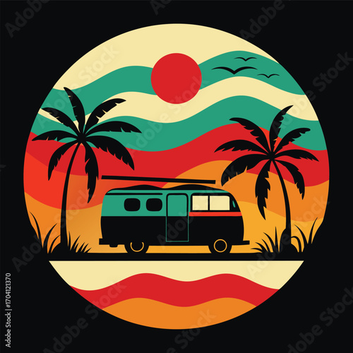 Retro Tropical Getaway A Vintage Campervan Amidst Palm Trees at Sunset Serene Holiday Escape