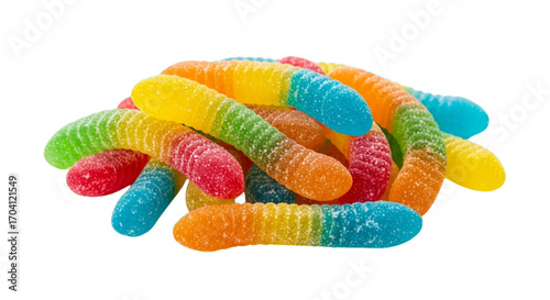 Pile of colorful gummy worms with a sugary coating, isolated on white and transparent background for candy and sweet treat concepts