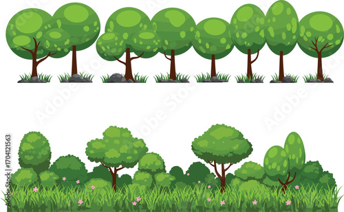 Cartoon forest trees and bushes illustration, green nature background with grass and leaves, natural landscape design, summer woodland scenery vector