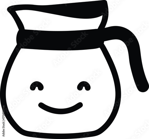 Black and White Cartoon Coffee Pot with a Happy Face on a White Background Keywords: coffee, pot, carafe, coffee maker, drink, beverage, hot, morning, breakfast, kitchen, appliance, cute, cartoon