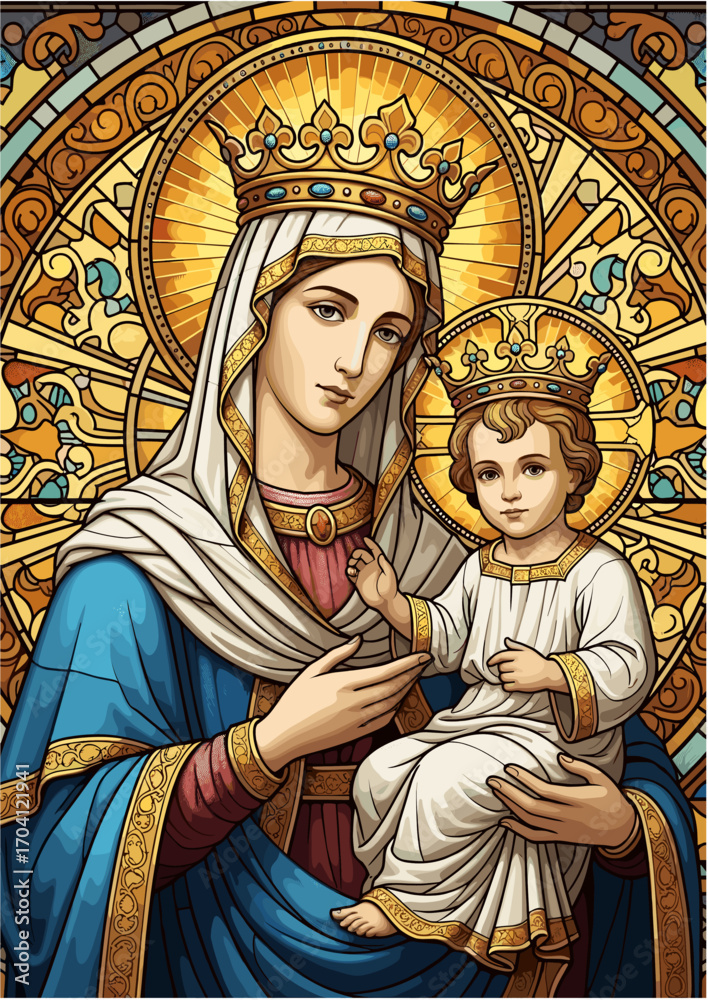 Fototapeta premium Virgin Mary and Child Holy Icon in Stained Glass Style with Ornamental Background, Crowned Madonna Religious Illustration