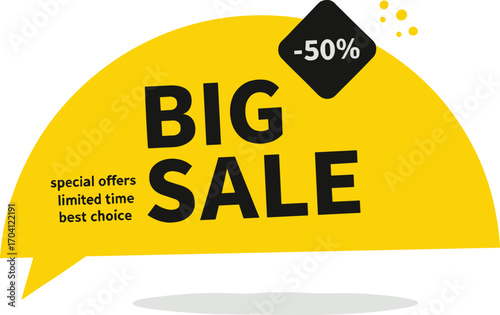 Yellow big sale banner vector, discount label illustration, shopping promotion poster, special offers advertisement design, ecommerce seasonal marketing template