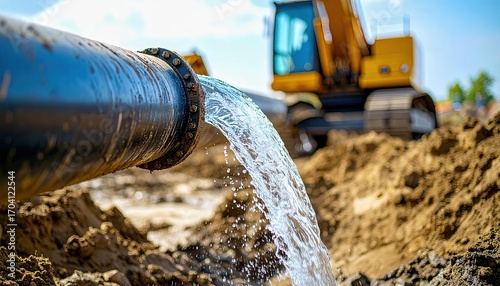 Water flowing from a large industrial pipe into the ground during construction and maintenance work.