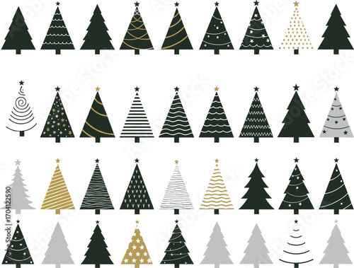 Christmas tree icons set, minimalist and decorative Christmas trees, holiday vector collection, festive symbols, black, gold and silver designs