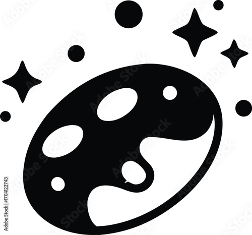Black and white icon of a planet with stars and circles around it space galaxy