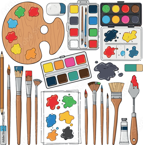 Paint palette and brushes. Painting color pallette, creative drawing tool. Artistic supplies, oil color pallet on wooden board, artist accessory. Flat vector illustration isolated on white background