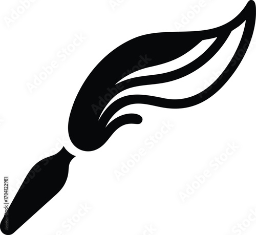 Black and white icon of a quill pen with flowing ink or smoke writing literature