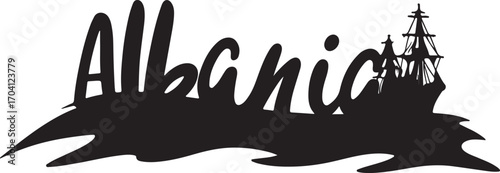  Albania with modern mini ship style calligraphy style by wave style bold elements in silhouette white background.