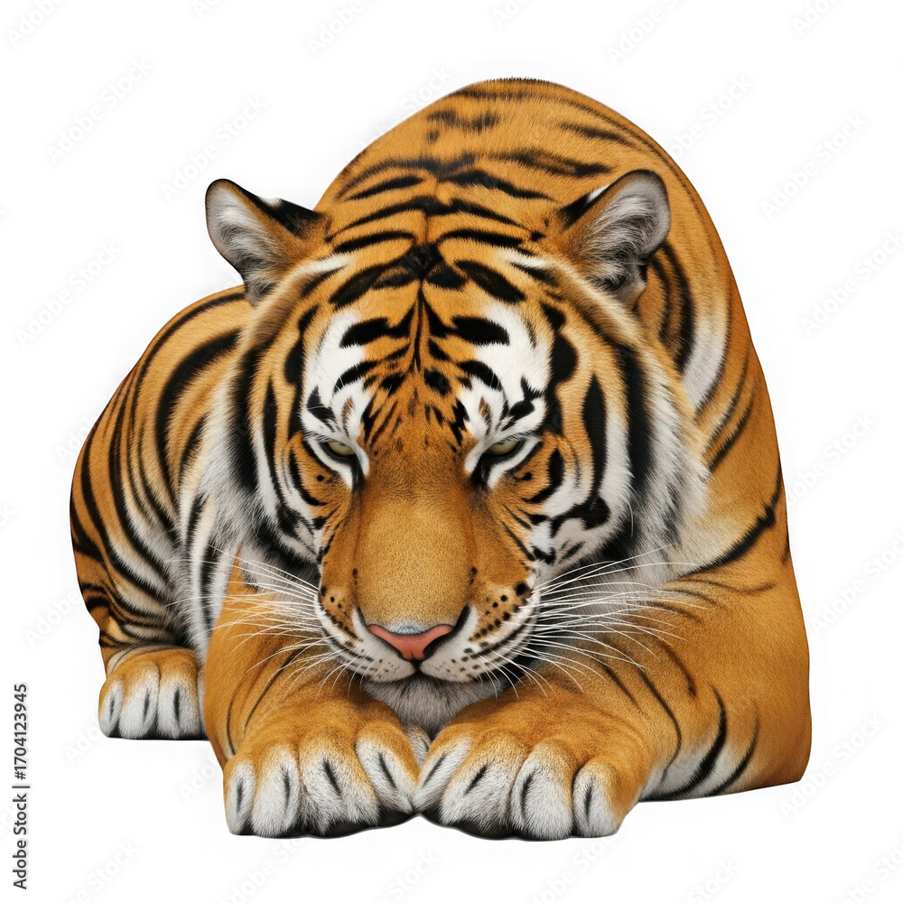 Fototapeta premium Majestic tiger lying down isolated on transparent background