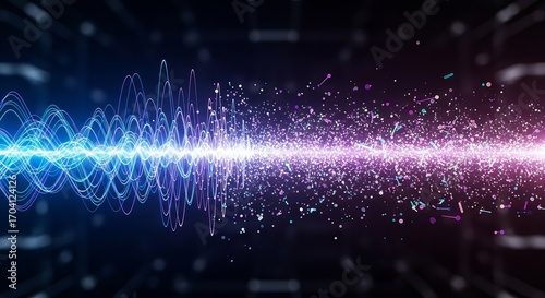 Futuristic visualization of audio signal frequency converting into digital data particles, illustrating technology, communication, and energy transformation