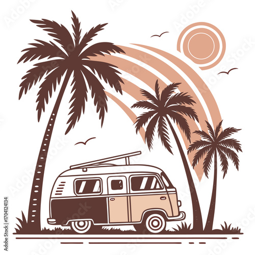 Vintage Van by the Palms with Retro Sun Art Illustration for Summer Adventure and Road Trip Vibes