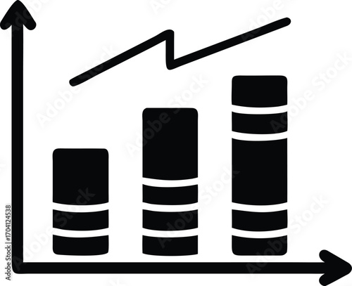 Black bar graph with upward trending line and axes on a white background chart bar chart