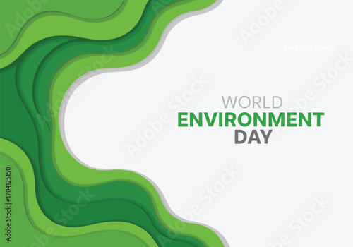 World Environment Day background with green layered paper cut style, eco friendly design, save our planet, sustainable nature concept