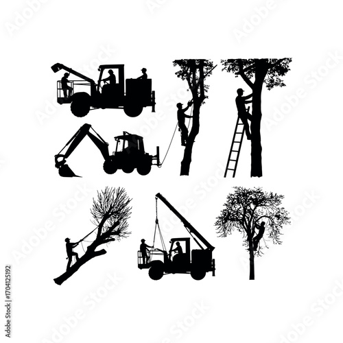 Silhouettes of tree trimming and construction work with machinery arborist chainsaw