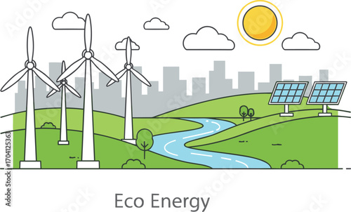 Eco energy illustration with wind turbines, solar panels, river, green landscape, clean energy, renewable power, sustainable environment, city background