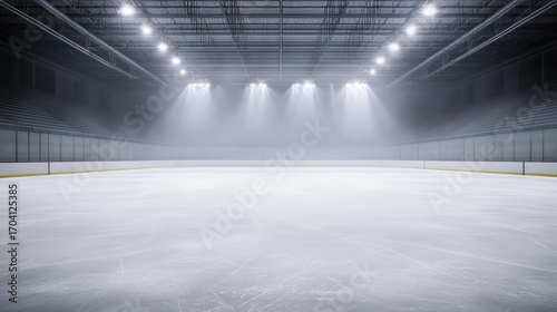 Empty illuminated ice hockey rink interior
