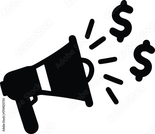 Black silhouette icon of a megaphone emitting sound waves and dollar signs bullhorn speaker