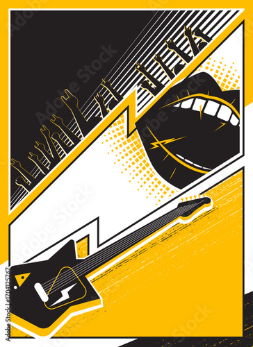 Party music decorations with rock and roll instruments on black background design template for a music festival banner or concert poster.
