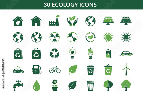 Ecology icons set, eco friendly symbols, green energy illustrations, recycling design, sustainable environment icons, renewable resources, nature protection vector pack