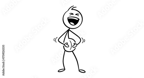 Stick figure cartoon character laughing hysterically, holding stomach in joy. Humorous doodle drawing depicting happiness and amusement.