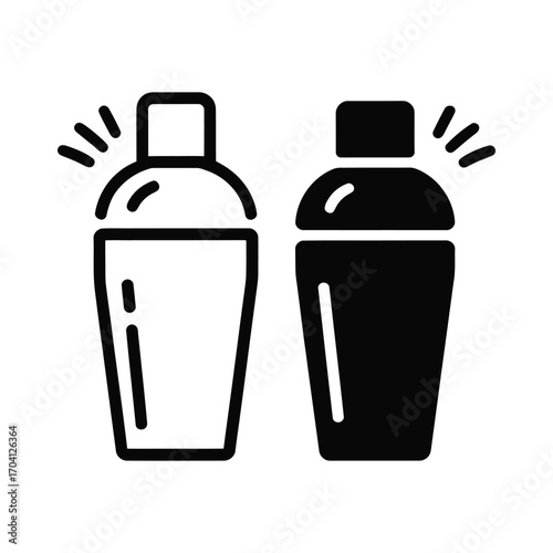 Minimalist black and white icon of two cocktail shakers side by side with outline and solid versions showing shaking motion